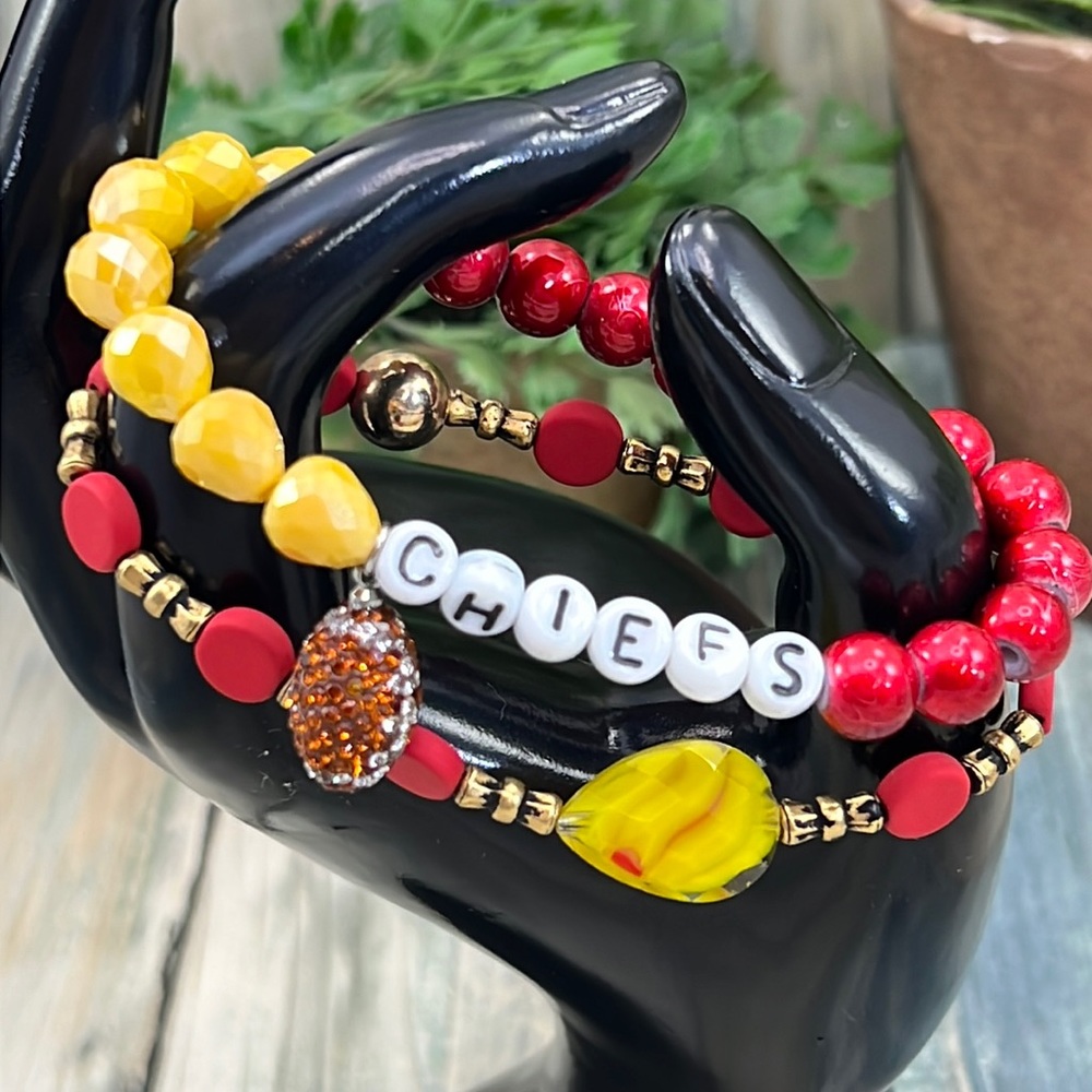 ⭐️Adorned Crown Kansas City Chiefs KC football red gold stretch bracelet set E